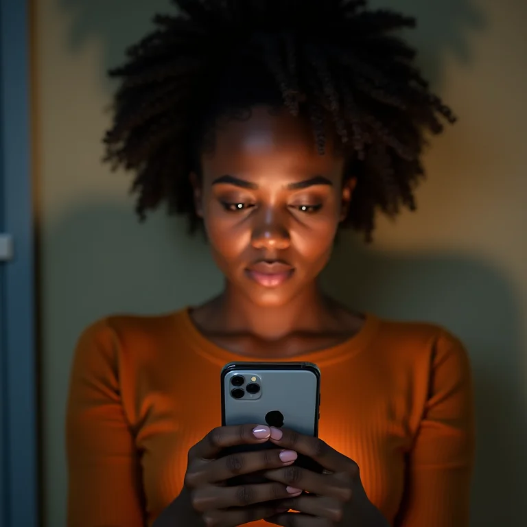 Mulher preocupada olhando para um e-mail suspeito no celular