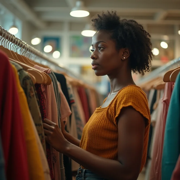 Mulher procurando roupas em brechó