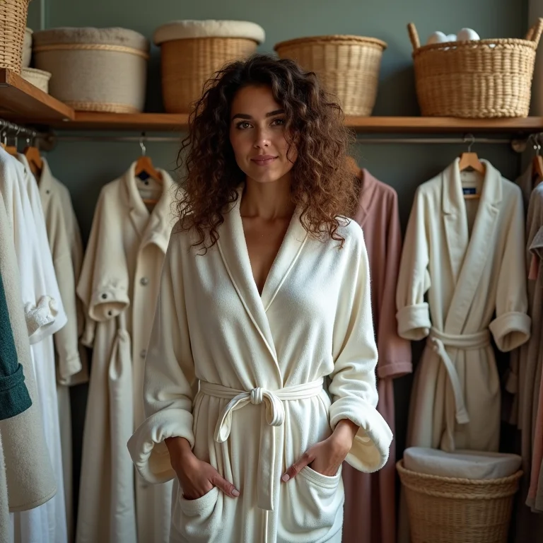 Mulher procurando toalhas vintage em loja de segunda mão