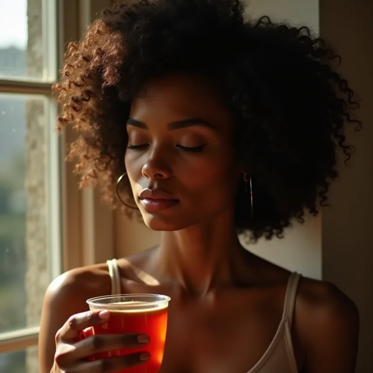 Mulher relaxando com uma xícara de chá.