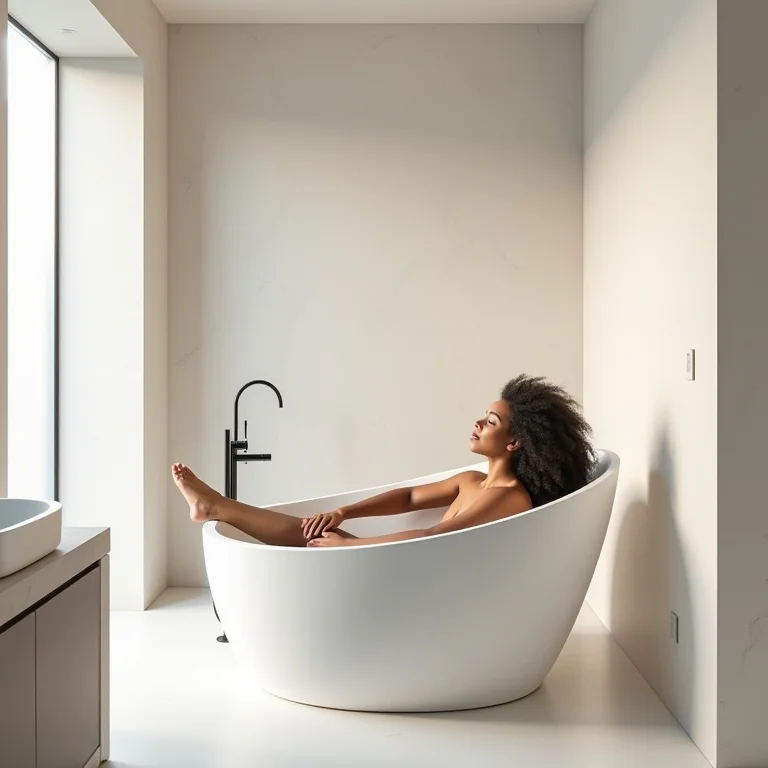 Mulher relaxando em banheiro moderno com porcelanato extra fino