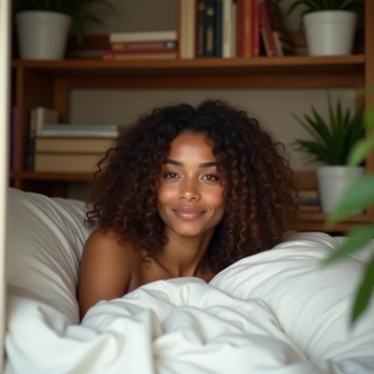 Mulher relaxando em quarto dividido por estante vazada