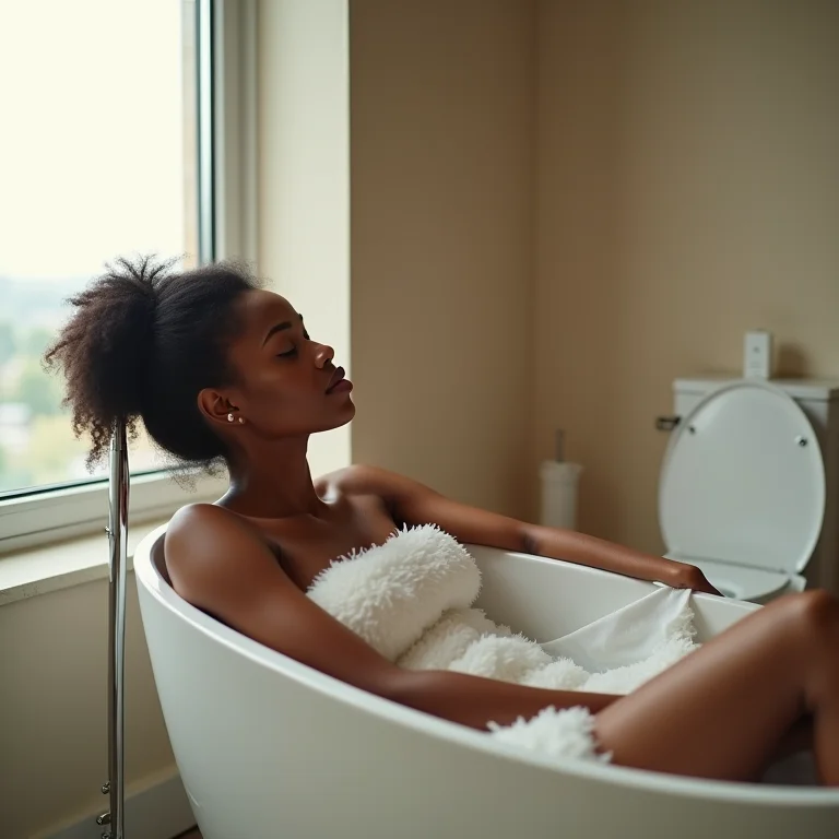 Mulher relaxando em um banheiro com vaso sanitário inteligente