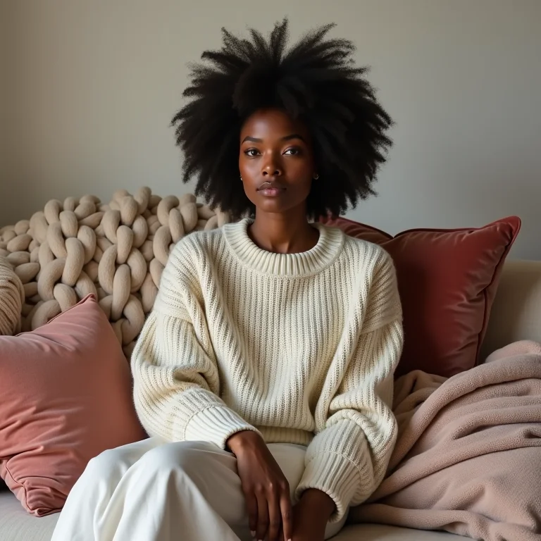 Mulher relaxando em um sofá com almofadas e manta.
