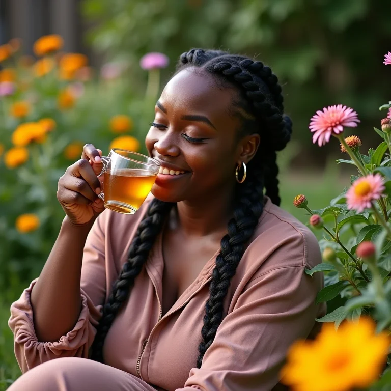 Mulher relaxando no jardim com flores comestíveis
