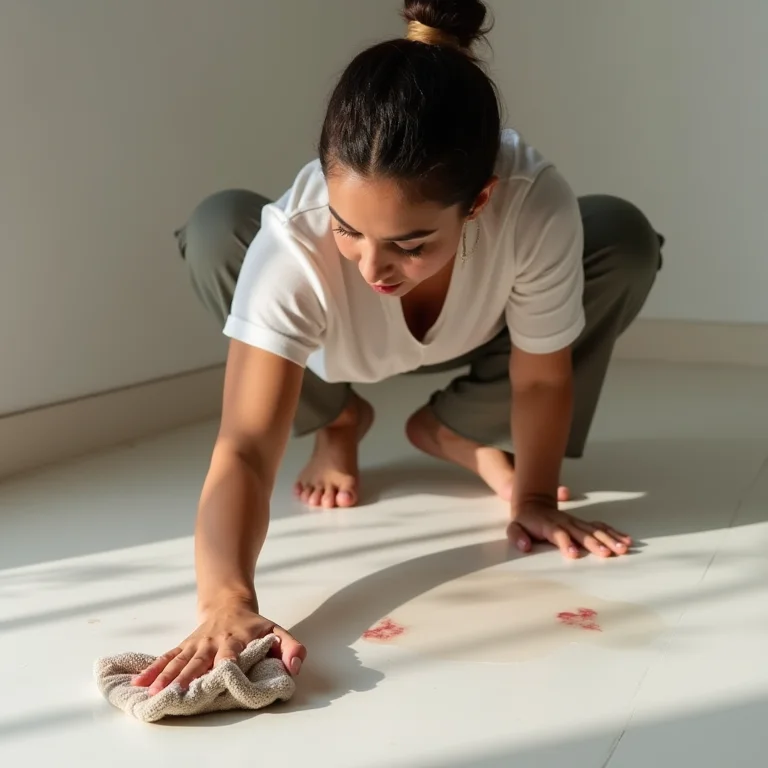 Mulher removendo mancha de esmalte do chão com um pano.