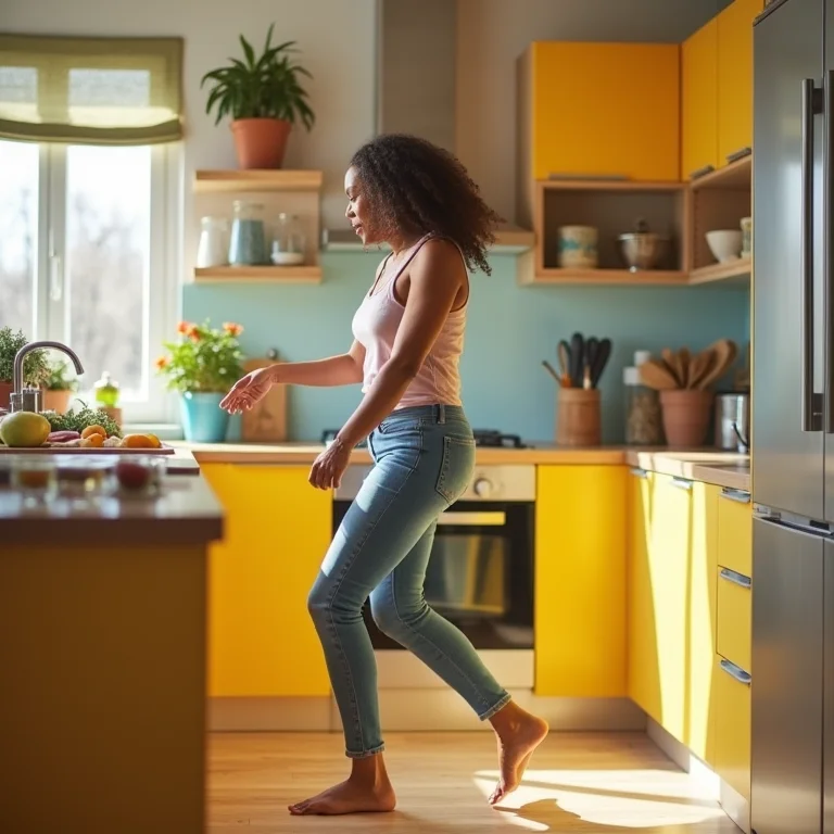 Mulher se desequilibra na cozinha, mostrando a importância de um piso seguro