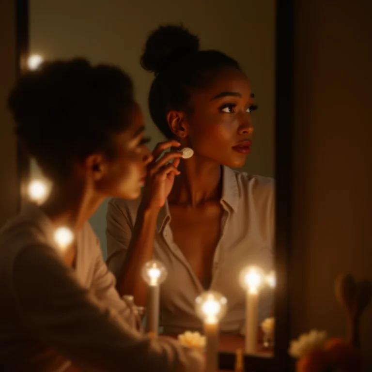 Mulher se maquiando com luz de lâmpadas bulbo