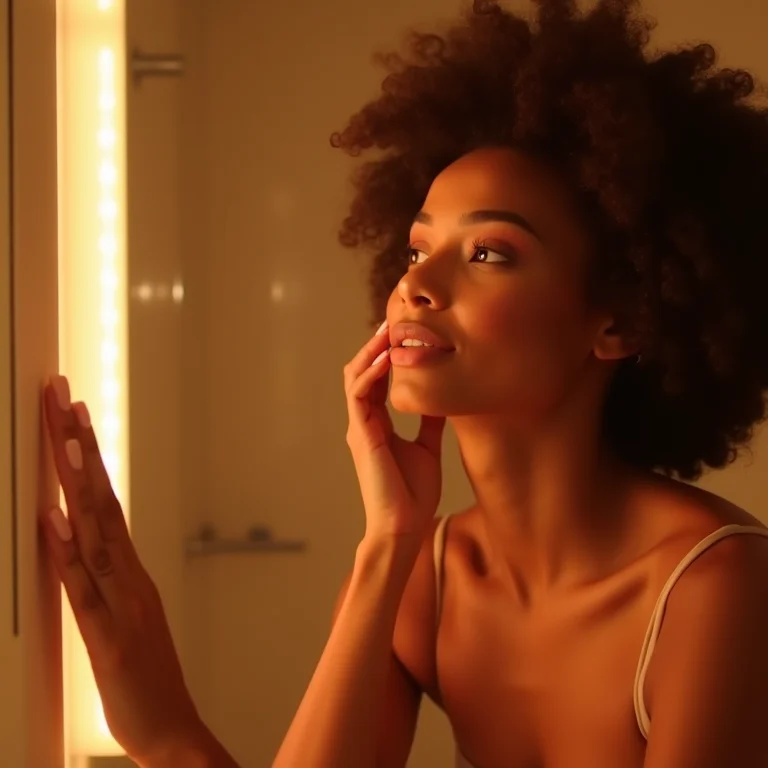 Mulher se maquiando em banheiro com luz quente