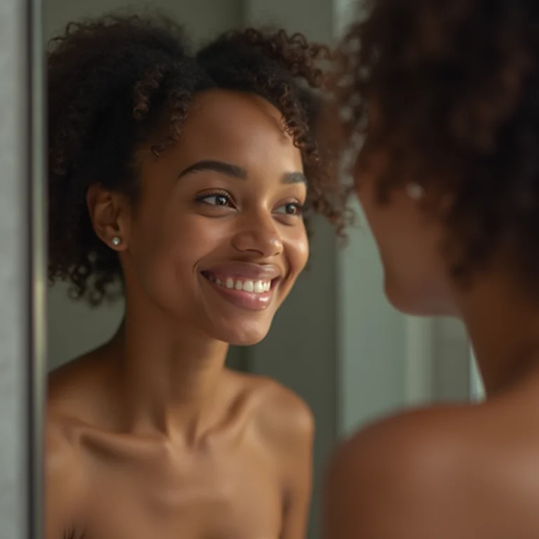 Mulher se olhando no espelho com expressão divertida