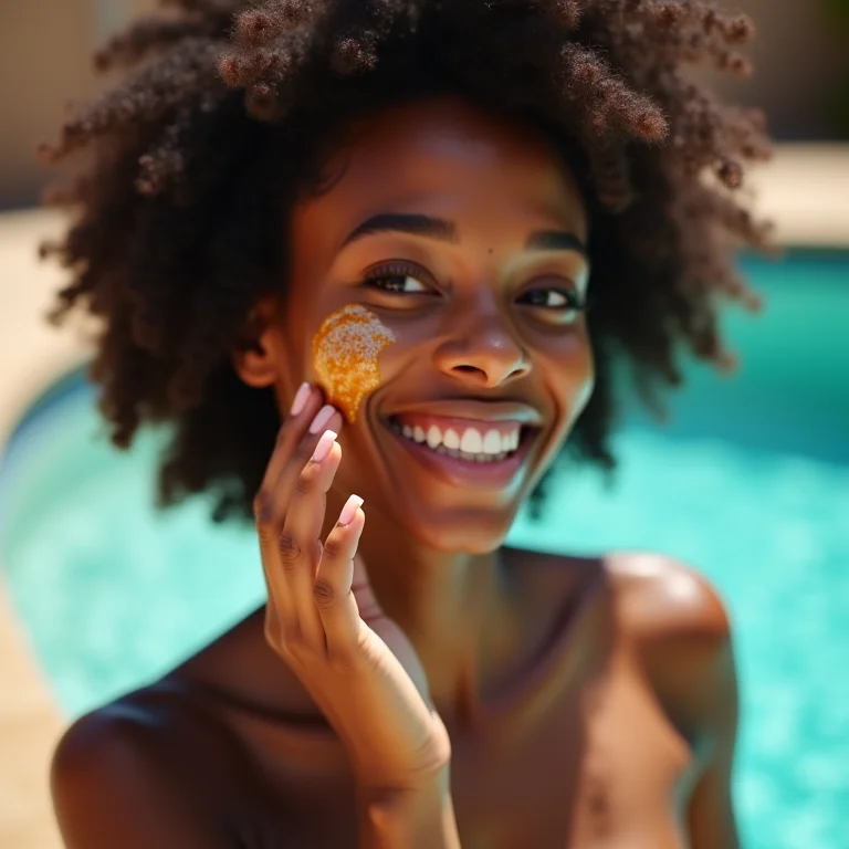 Mulher se protegendo do sol antes do vôlei na piscina