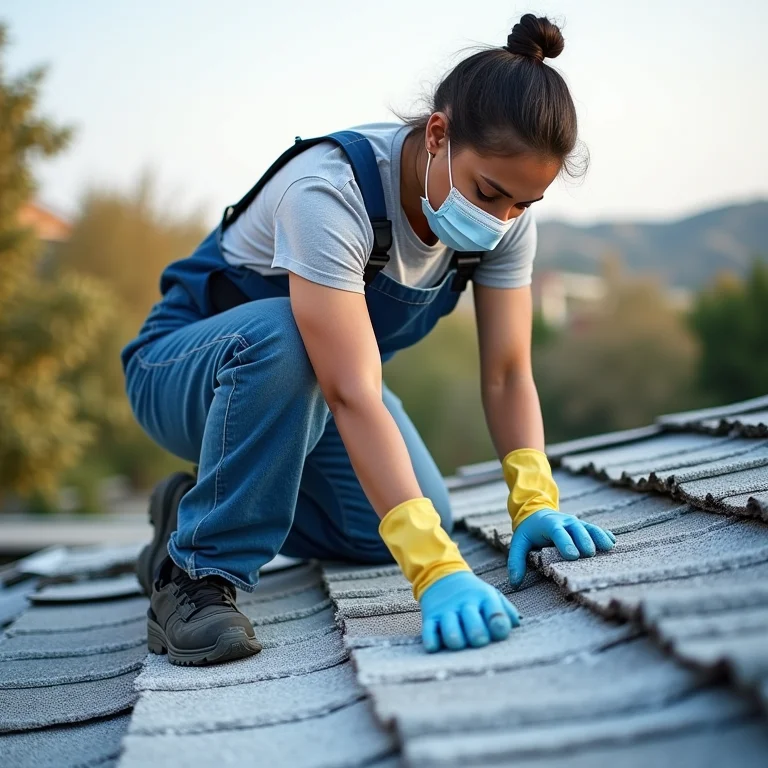Mulher se protegendo para pintar telhado de amianto.