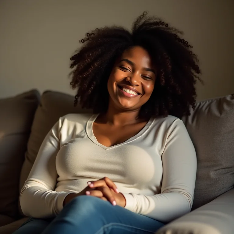 Mulher se sentindo segura em casa graças à câmera de segurança