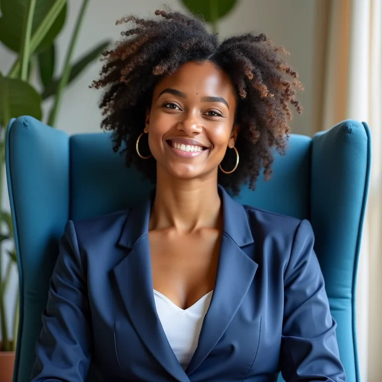 Mulher sentada em cadeira de escritório azul confortável