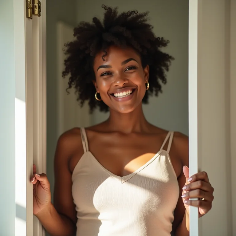 Mulher sorrindo abrindo espelheira no banheiro