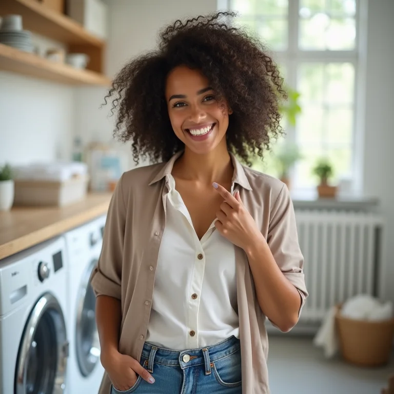 Mulher sorrindo aliviada após remover mancha de roupa com solução caseira.