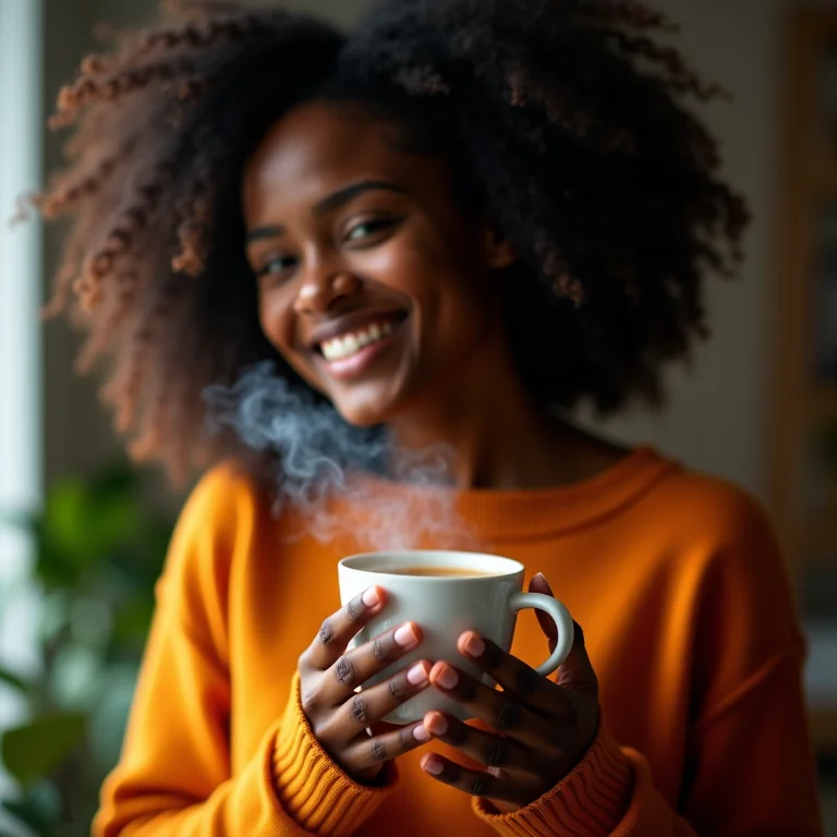 Mulher sorrindo bebendo chá de casca de laranja.