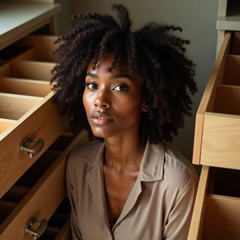 Mulher sorrindo com gavetas organizadas ao fundo.