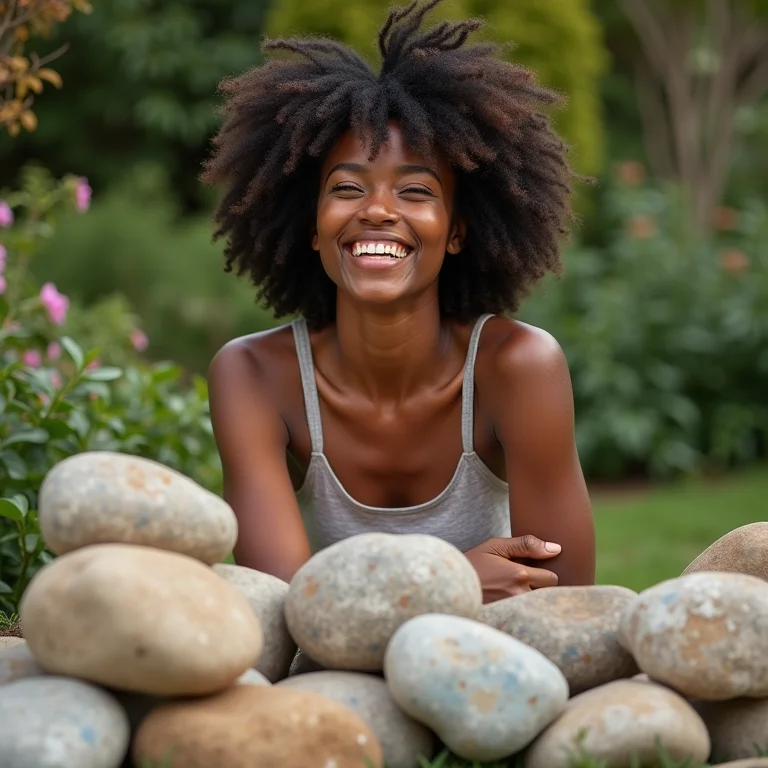 Mulher sorrindo e conectada à natureza em seu jardim com pedras pintadas