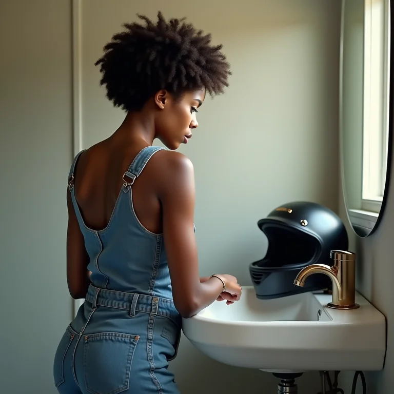 Mulher sorrindo em banheiro temático de moto, apreciando um capacete estiloso na pia.