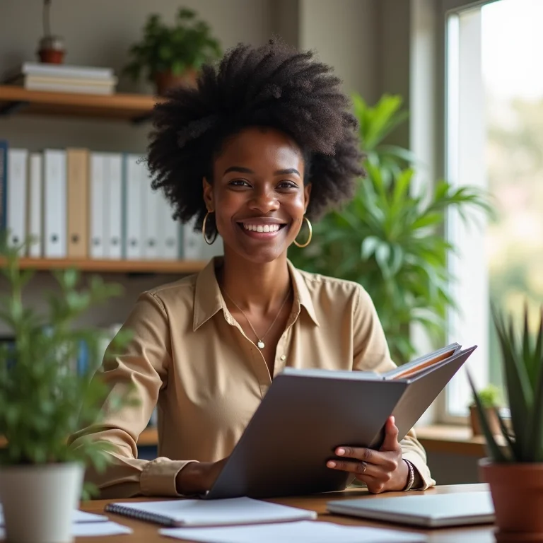 Mulher sorrindo em escritório organizado com pastas