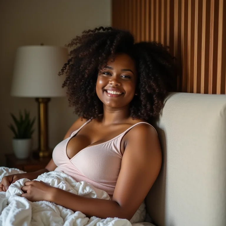 Mulher sorrindo em frente à cabeceira personalizada