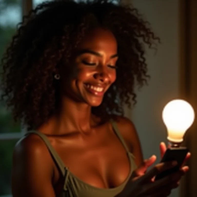 Mulher sorrindo enquanto configura dispositivos inteligentes em casa