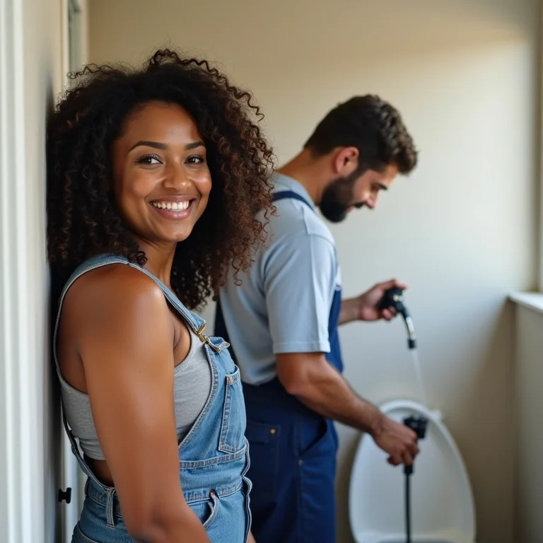 Mulher sorrindo enquanto encanador instala ducha higiênica