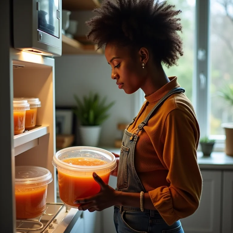 Mulher sorrindo retirando pote de sopa caseira do freezer
