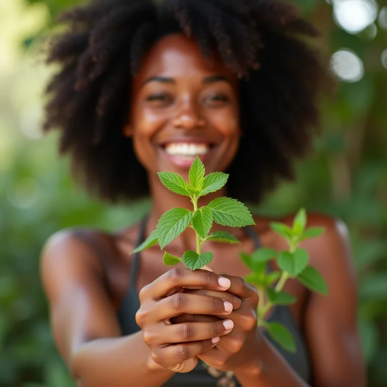 Mulher sorrindo segurando hortelã fresca