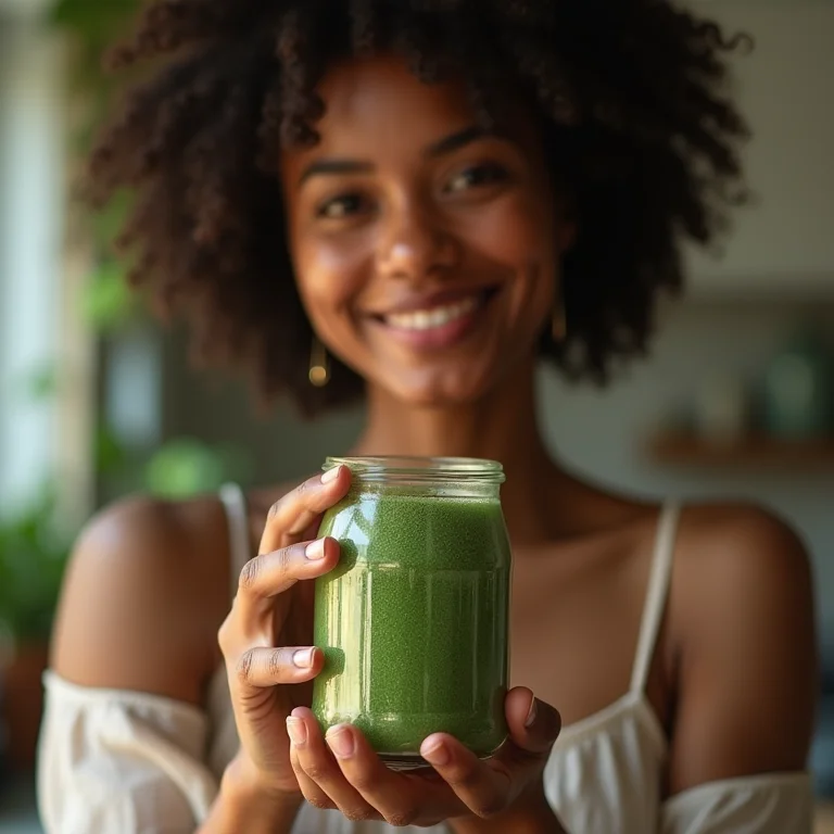 Mulher sorrindo segurando spirulina em pó