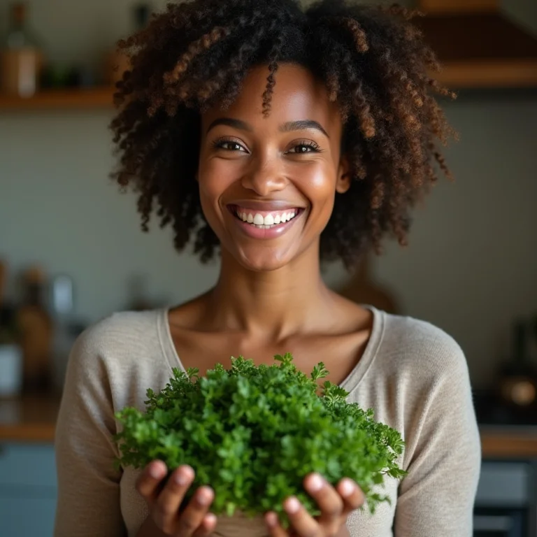 Mulher sorrindo segurando spirulina fresca