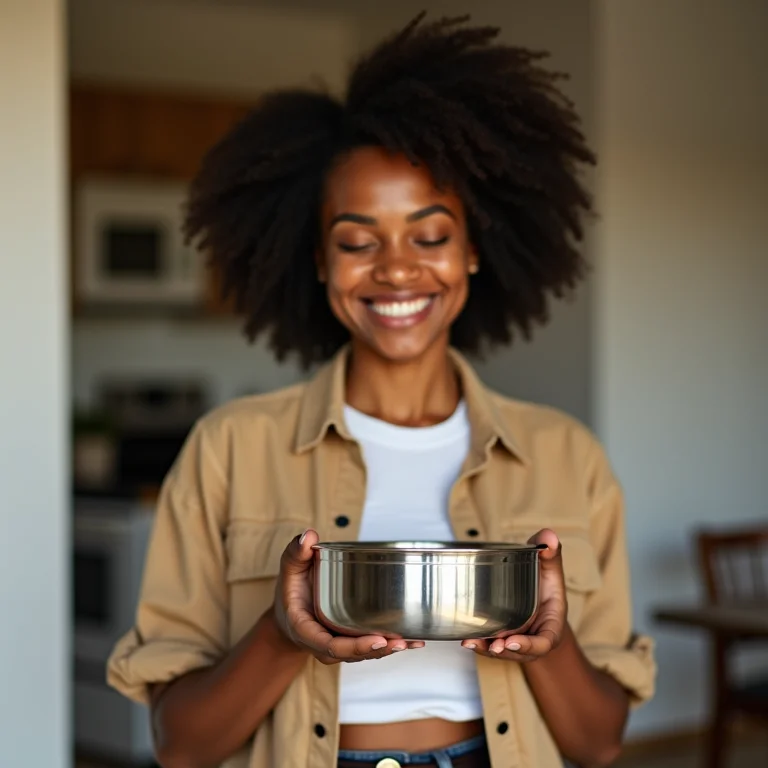 Mulher sorrindo segurando um porta mantimento de inox.