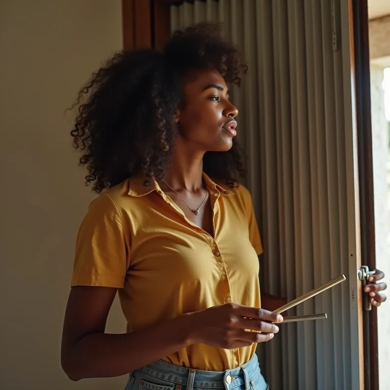 Mulher tentando instalar uma porta sanfonada