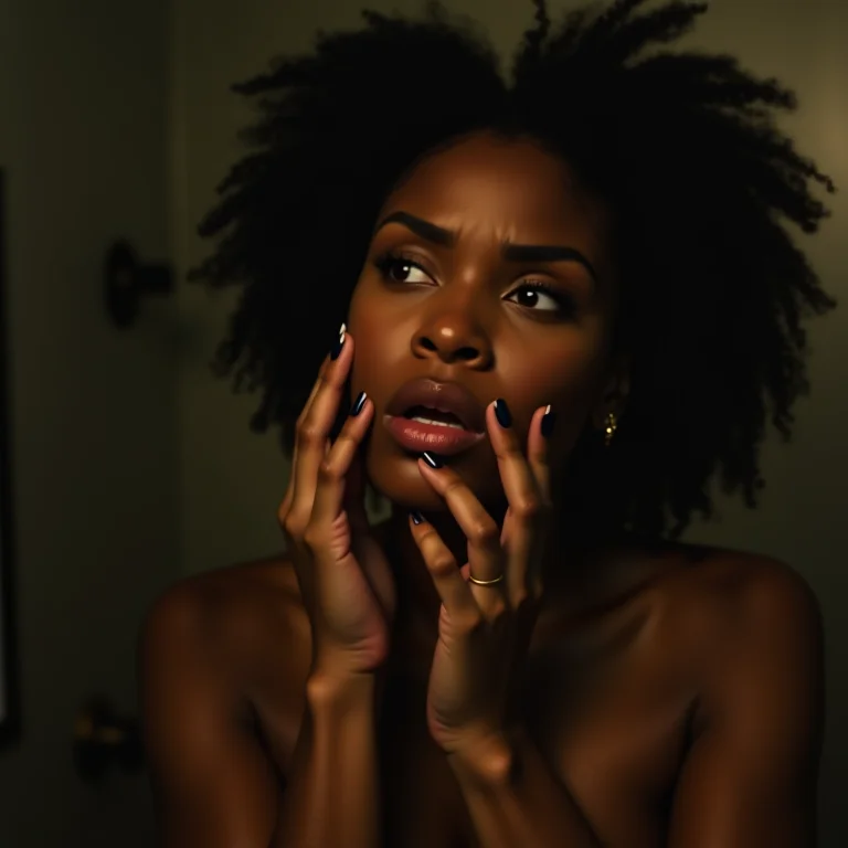 Mulher tentando se maquiar em lavabo mal iluminado