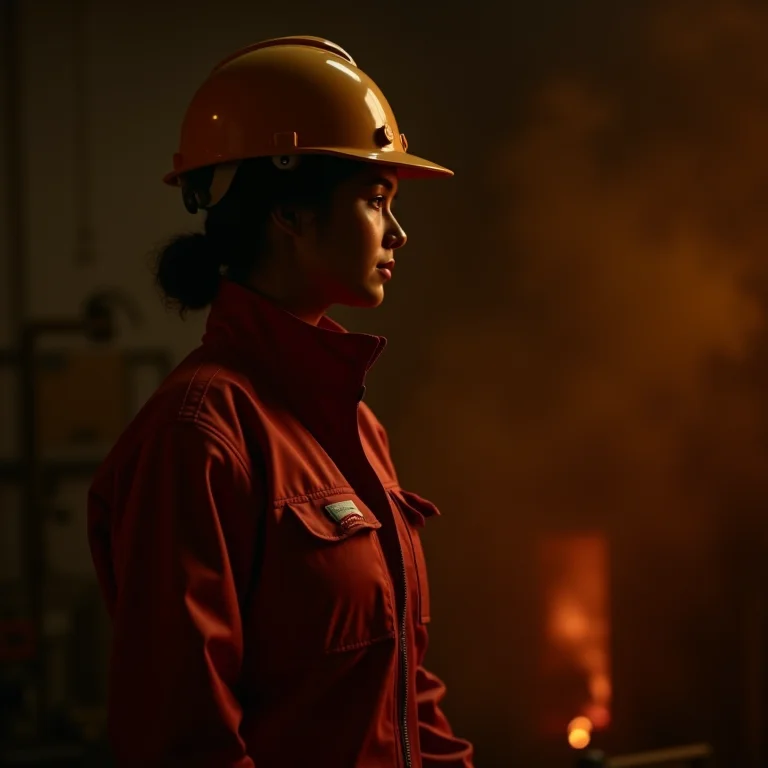 Mulher trabalhando em ambiente quente usando capacete de segurança.