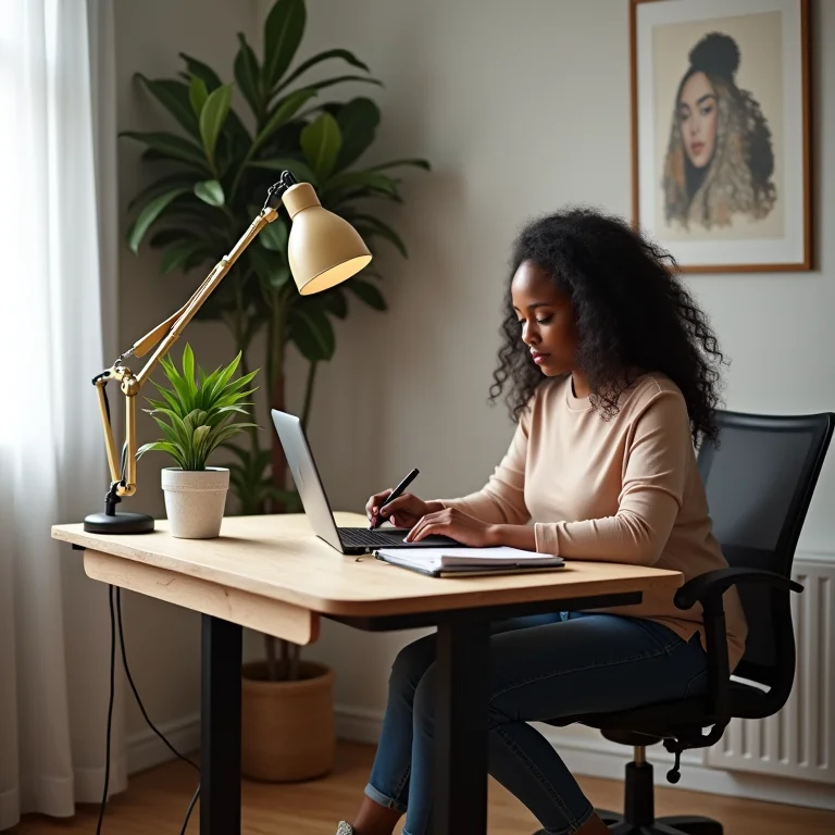 Mulher trabalhando em mesa de escritório suspensa e dobrável