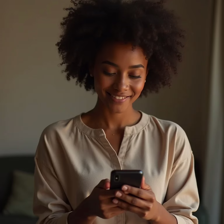 Mulher usando app com rodapé invertido