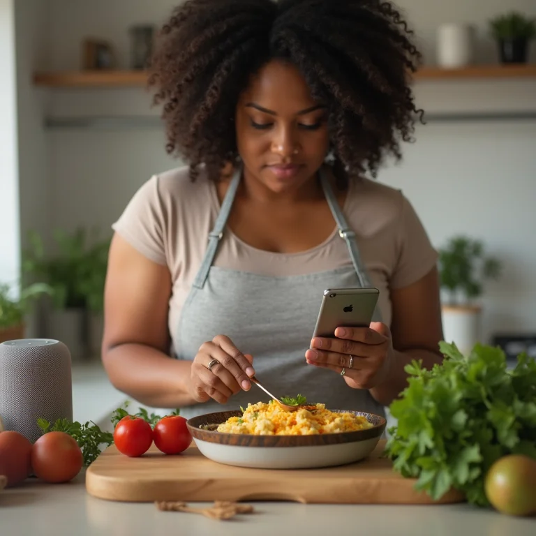 Mulher usando dispositivos eletrônicos na cozinha.