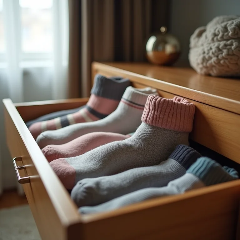 Mulher usando divisórias de gaveta ajustáveis para organizar meias.