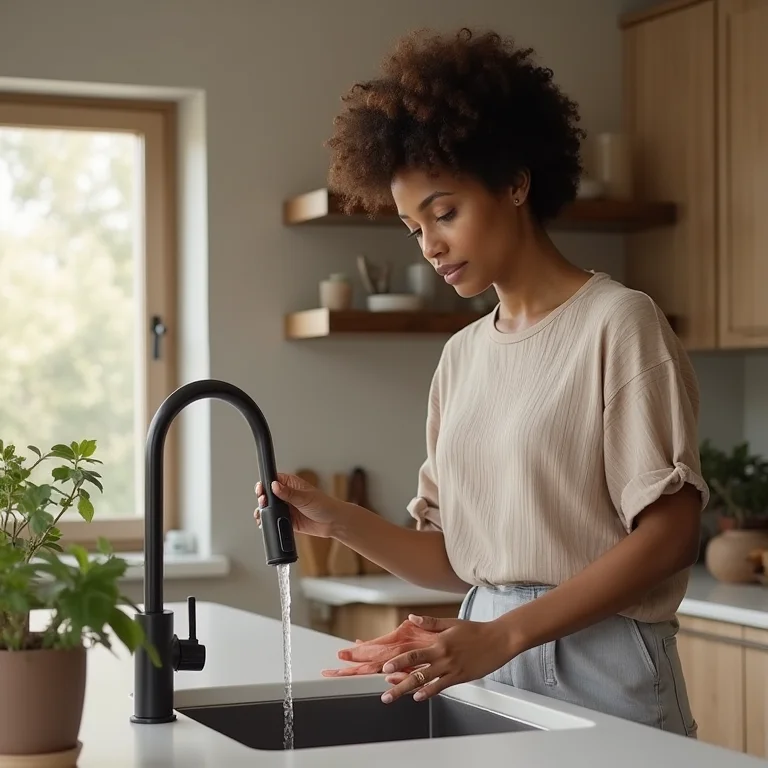Mulher usando torneira monocomando com facilidade