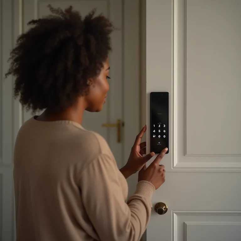 Mulher utilizando fechadura digital em casa