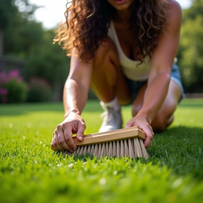 Mulher varrendo grama sintética com escova macia.