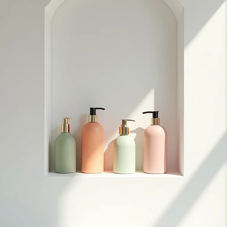 Nicho colorido em banheiro branco com produtos de banho