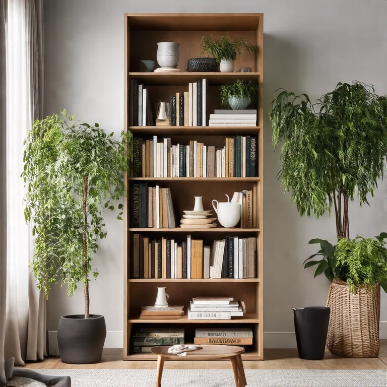 Nichos decorativos decorados com plantas e livros em uma sala de estar aconchegante, estilo revista de design de interiores.