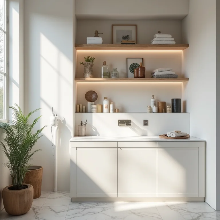 Nichos e prateleiras para organizar o banheiro pequeno.