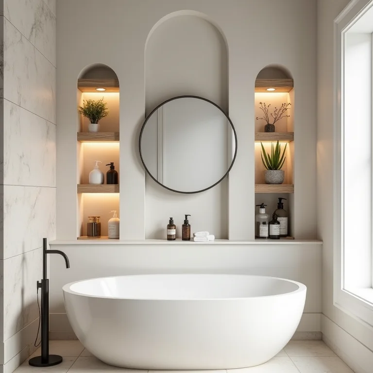 Nichos e prateleiras suspensas em banheiro pequeno