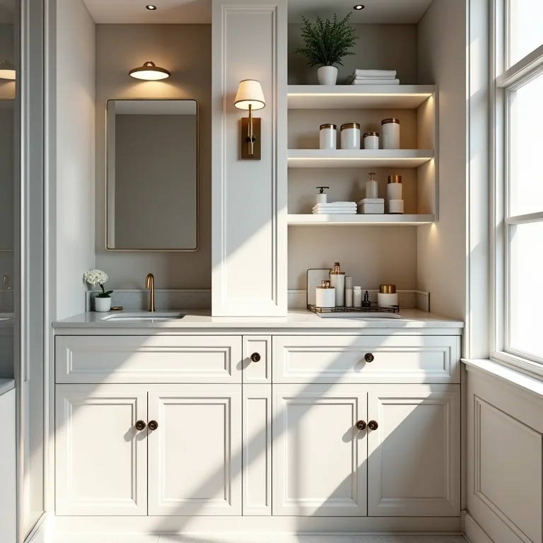 Nichos embutidos na bancada do banheiro para organização