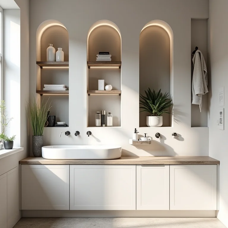 Nichos embutidos na parede otimizando espaço em banheiro