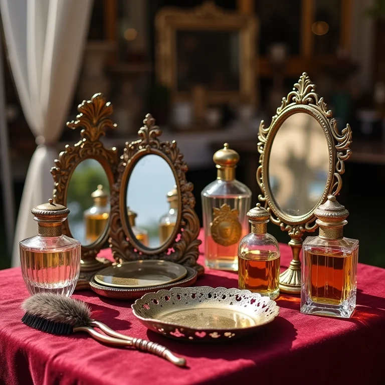 Objetos de beleza vintage em feira de antiguidades